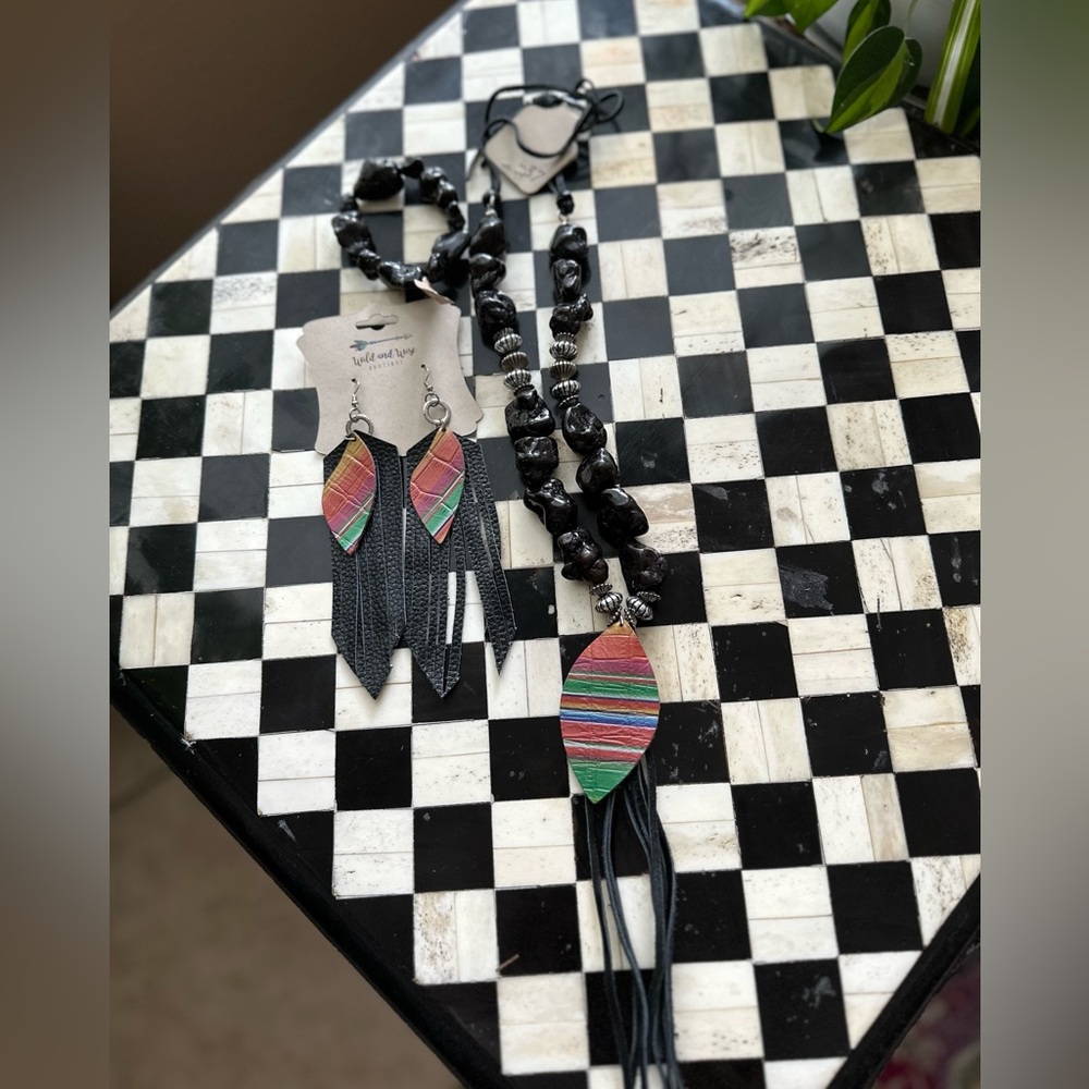 Jewelry Set Earrings Bracelet Necklace Boho Black Leather Western